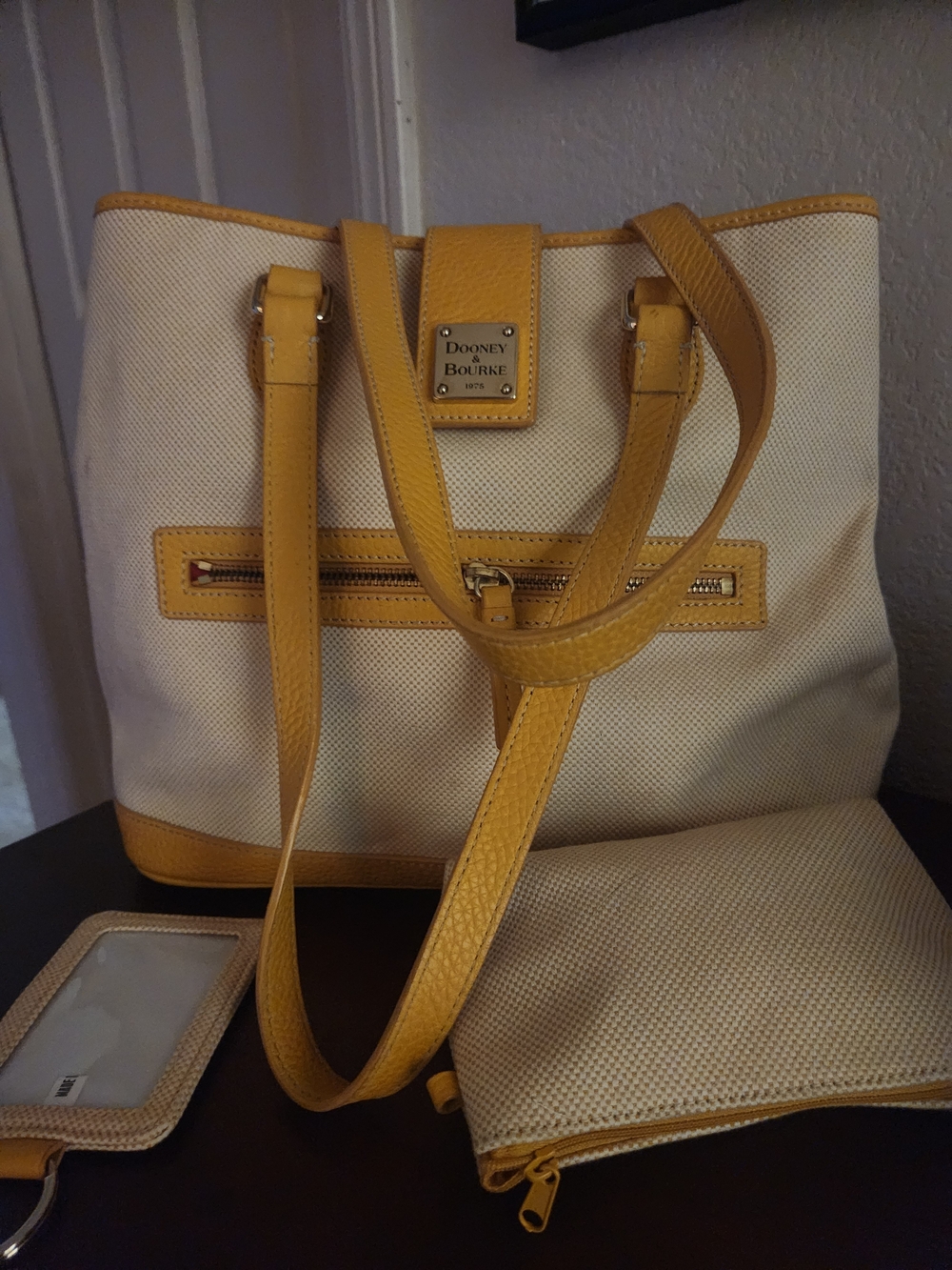 Dooney & Bourke Cream Canvas Tote with Yellow Trim and Accessories